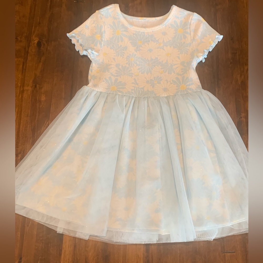 🌟EUC Toddler🌼Daisy Print/Light Blue Tulle Dress Sz 4T